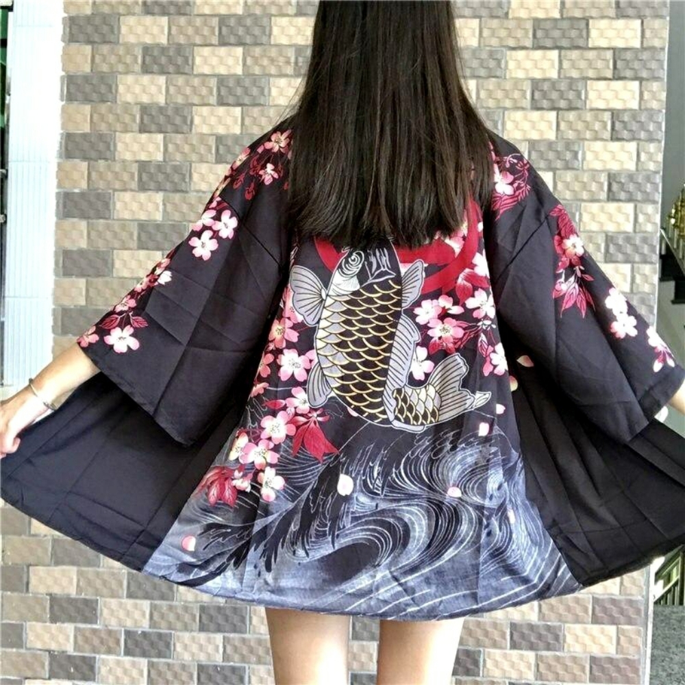 XC Snaki | Black Cherry Blossom Koi Detail Japanese Kimono Cardigan - Harajuku